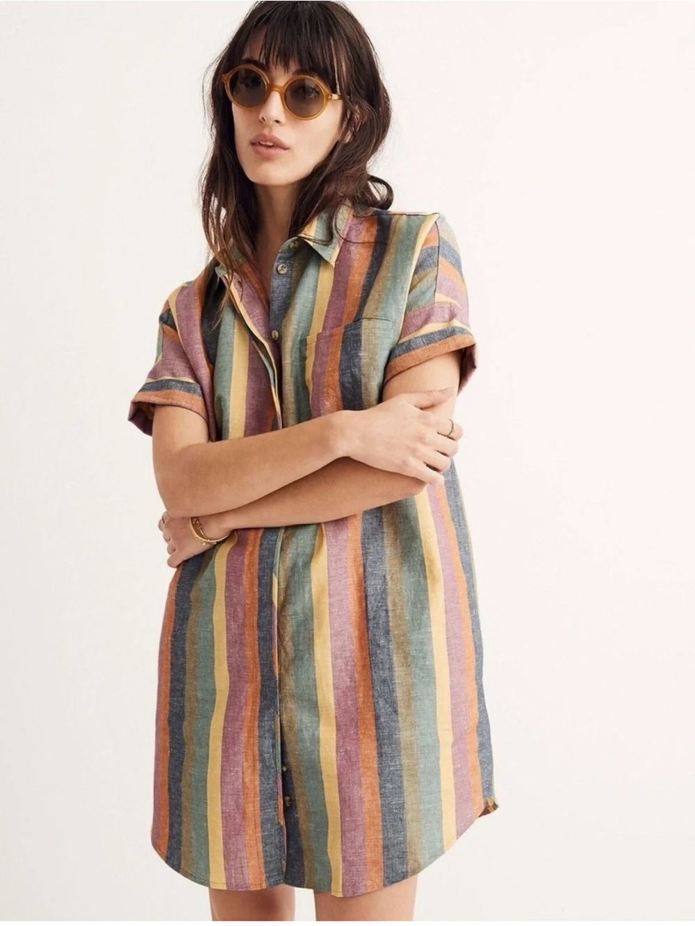 Madewell Courier Shirtdress in Rainbow Stripe Linen/ Cotton Size L